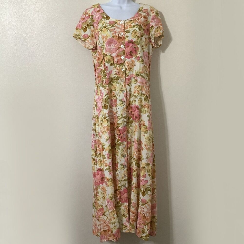 Vintage 90s Cottagecore Colorful Floral Fairy Prairie Full Button Maxi Dress 16T